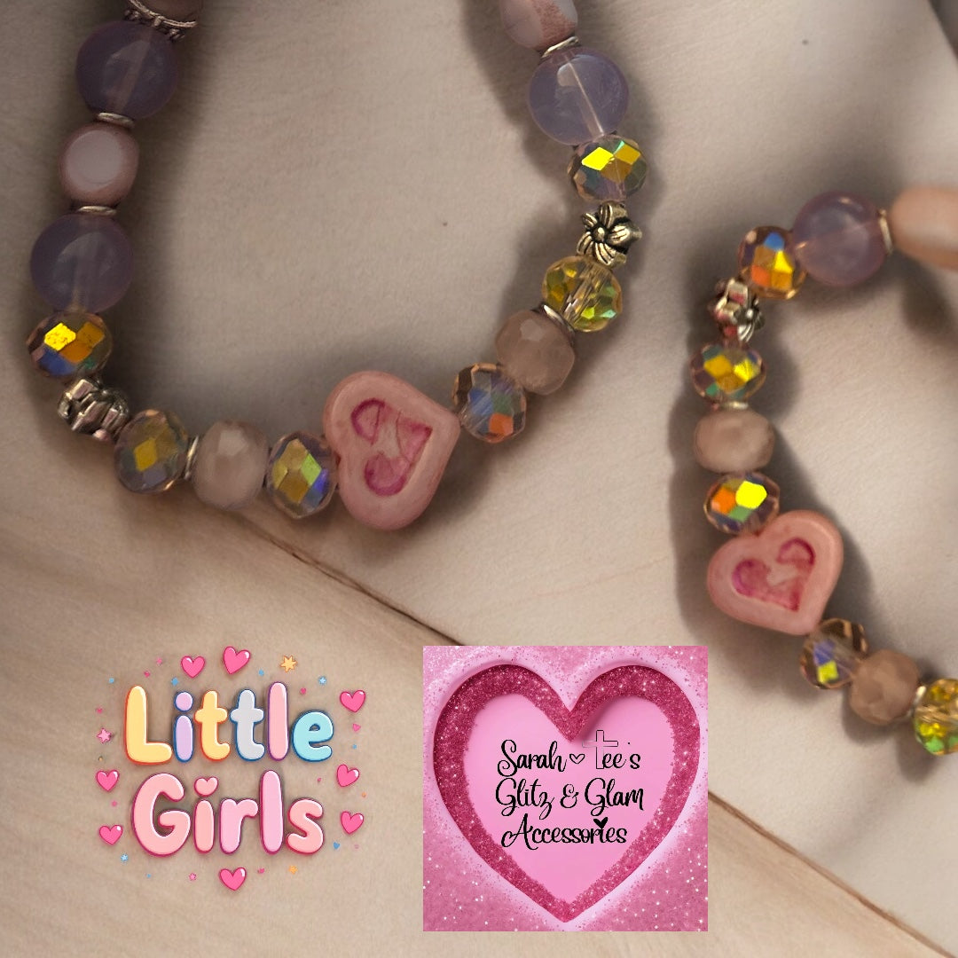 Pink Heart Charm Bracelet with flower beads 5.5 inches