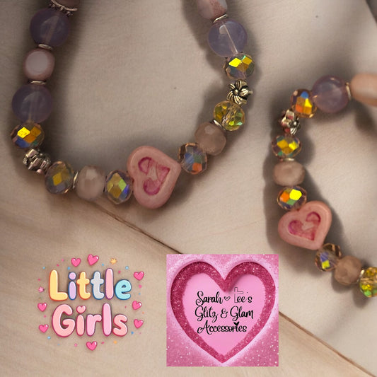 Pink Heart Charm Bracelet with flower beads 5.5 inches