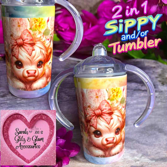 12oz Children Sippy/Tumbler Dual- Girl Highland Cow with Bow